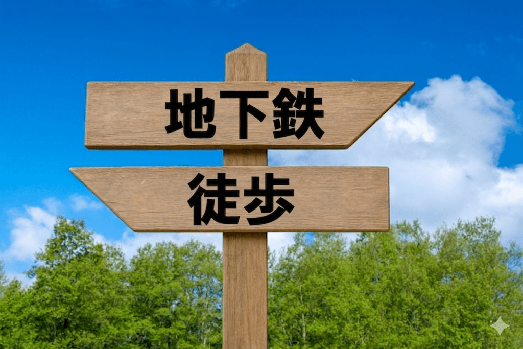 上下にそれぞれ「地下鉄」と「徒歩」と記載された看板